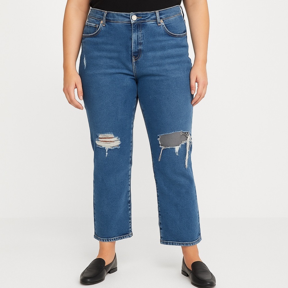 &Denim H&M High Waist Distressed‎ Straight Leg Jeans Women’s 16 Ankle